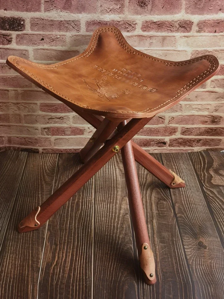 Retro Folding Stool, Portable Four-Legged Seat, Leather Shoe Changing Stool, American Solid Wood Low Bench, Compact Seating.