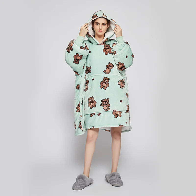 Adult Oversized Hooded Blanket with Pockets Cartoon White Wood Onesie Pajamas Flannel Cosplay Men&Women Carnival Animal Cartoon