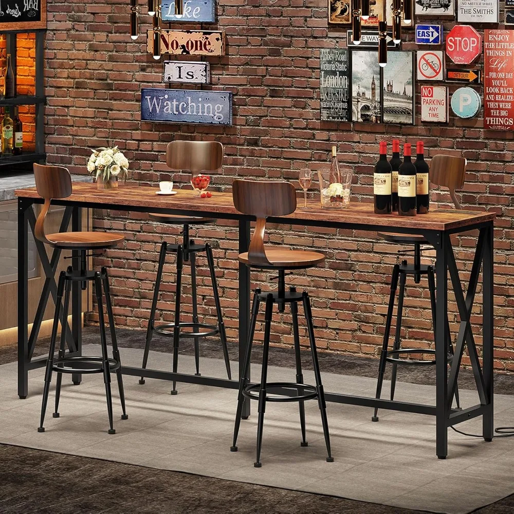 

70.9'' Bar Table, Kitchen Dining Table with Power Outlet and Footrest, Industrial Style, for Pub, Living Room, Rustic Brown and