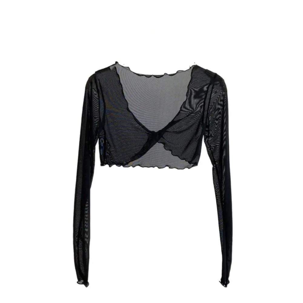 

Comfortable Ruffle Mesh Knot Cardigan Long Sleeve See Through Sun Protection Tops Short V-neck Transparent Cardigan Holiday