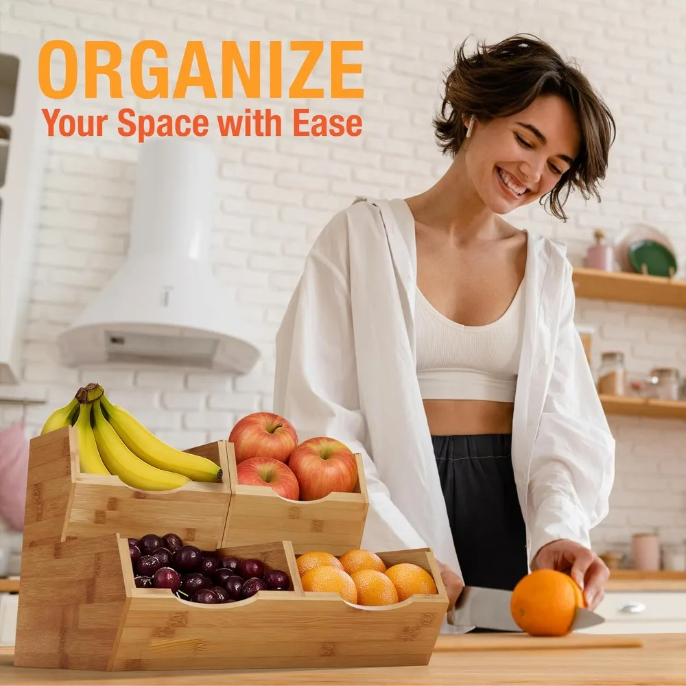 

Набор из трех выдвижных контейнеров для хранения бамбукового картофеля и лука в кладоре с легким доступом