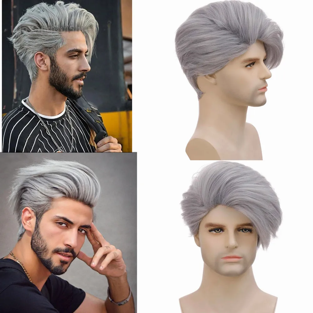 European and American Men\'s Wig New Fashion Hair Personality Daily Wear Silver Gray Fiber Head Cover Short Man