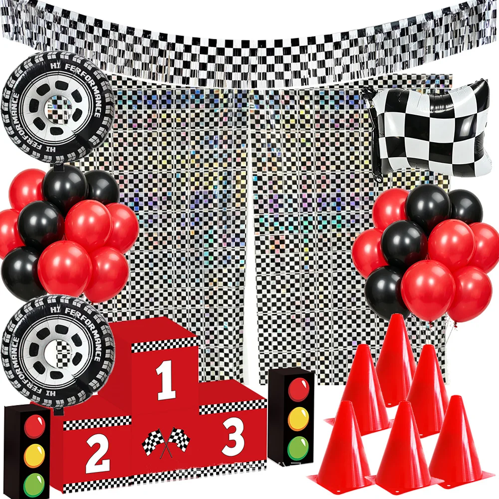Cortinas de Flecos de Papel Metalizado con Diseño de Coche de Carreras, Fondo a Cuadros Blanco y Negro, Pancarta Colgante, Globos, Decoración para Baby Shower, Cumpleaños con Temática de Carreras