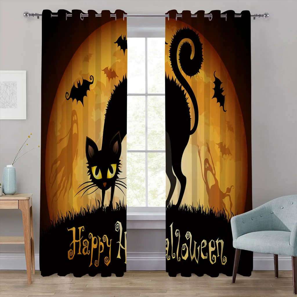 

Happy Halloween Castle Cat Printing Thin Window Curtain for Kids Living Room Bedroom Bathroom Kicthen Door Cupboard Decor Hooks