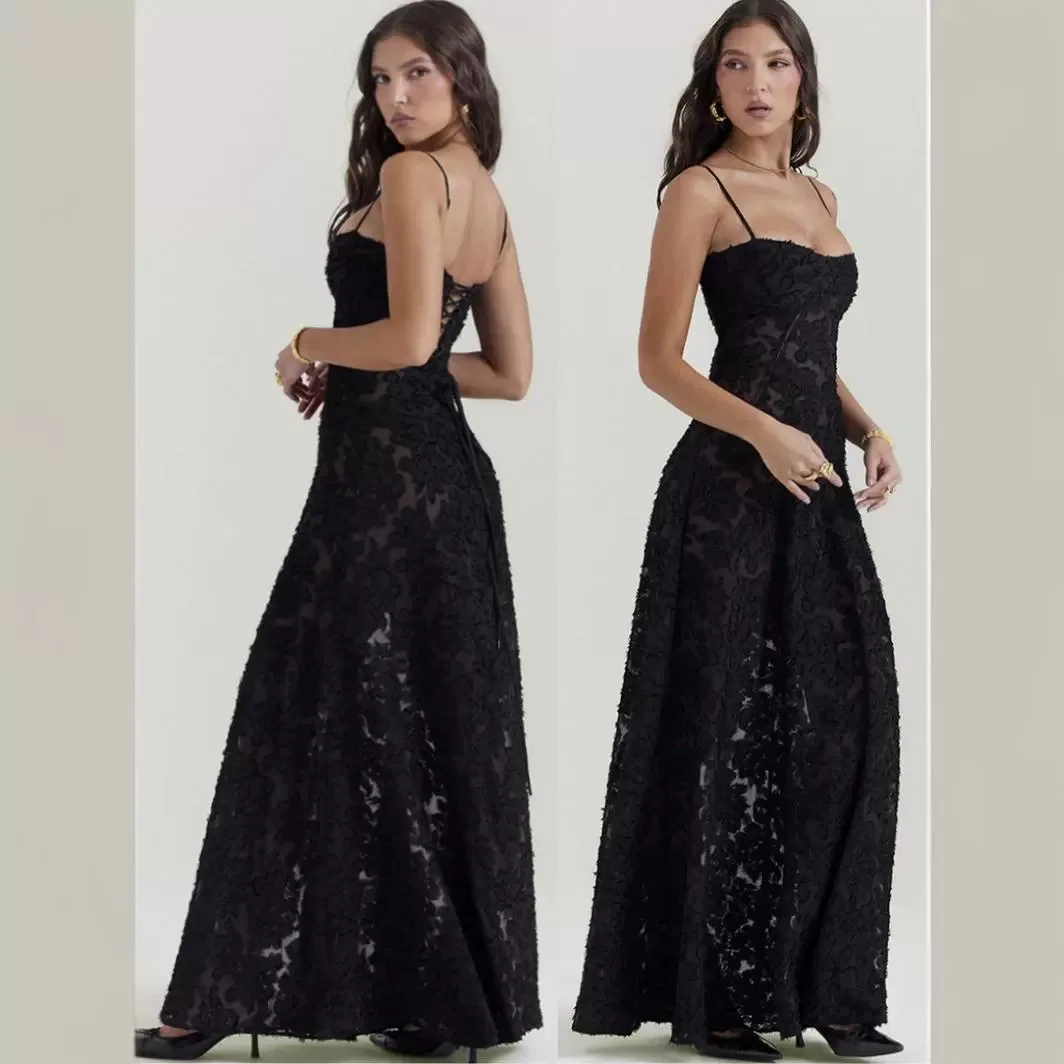 Elegantes Spitzen-A-Linie-Abschlussballkleid, sexy formelles Abendkleid, Spaghettiträger, bodenlang, Applikationen, einfarbig, 2025, kostenlos individuell