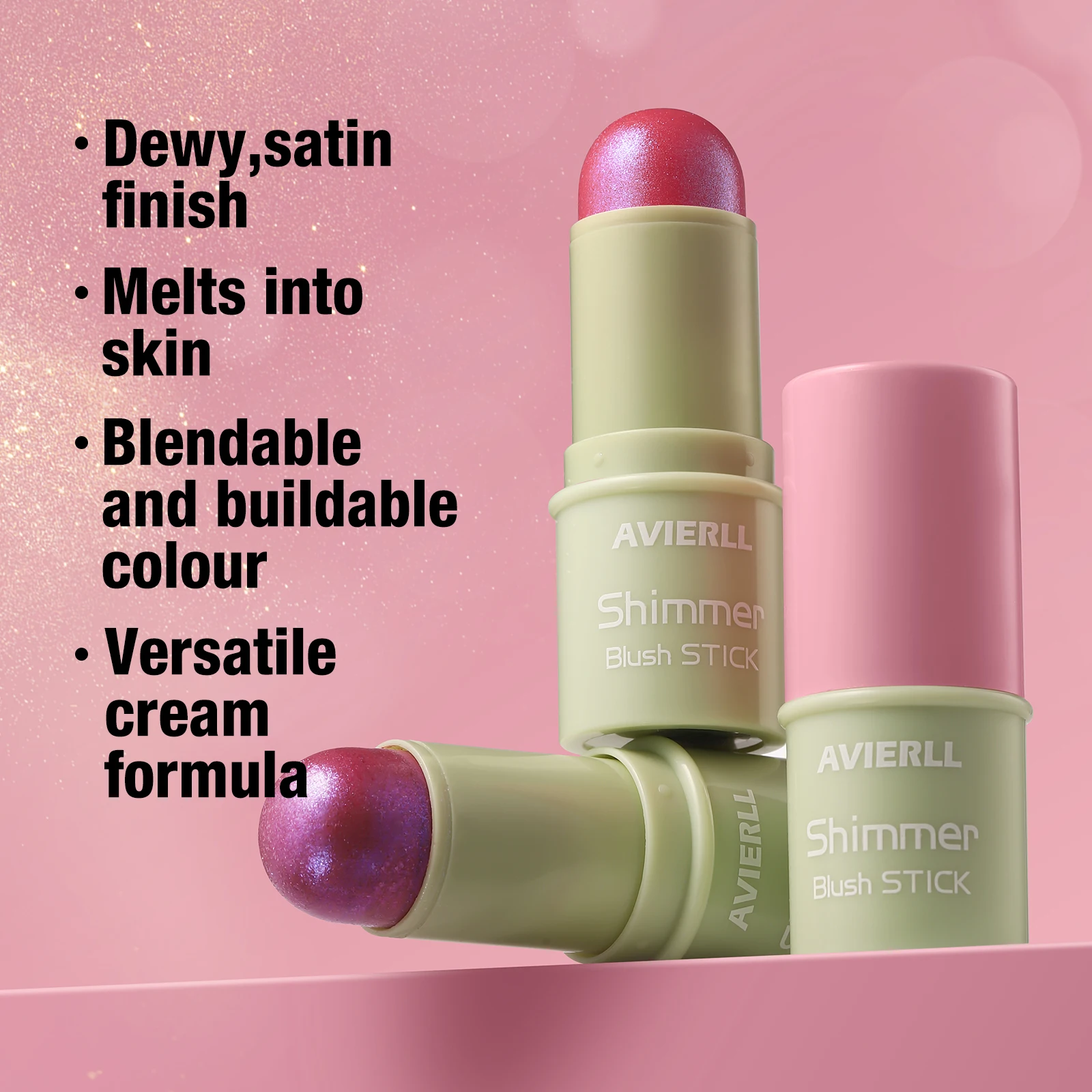 Fine glitter blush stick, moisturizing and silky mermaid pink, long-lasting and waterproof grapefruit orange, apple red, ideal g