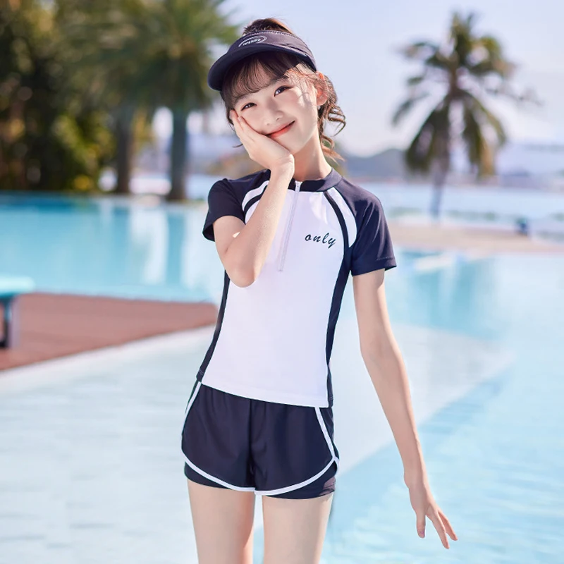 Double Layers Shorts Girls Swimwear Two-Pieces Suits Summer Beach Clothes L-6XL Kids Short-sleeve Swimsuit Fwimming Pool Clothes