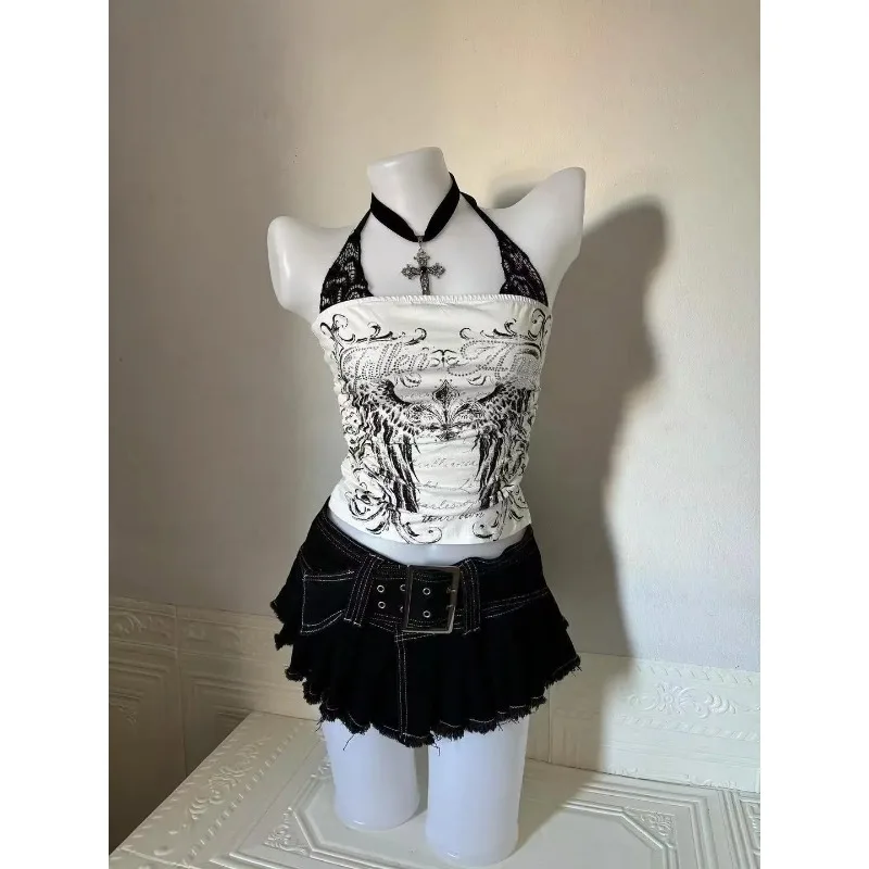 

Gothic Y2k Crop Tops Patchwork Vintage Women T-shirt Summer Slim Waist Punk Tees Sleeveless Off-shoulder Design Streetwear Shirt