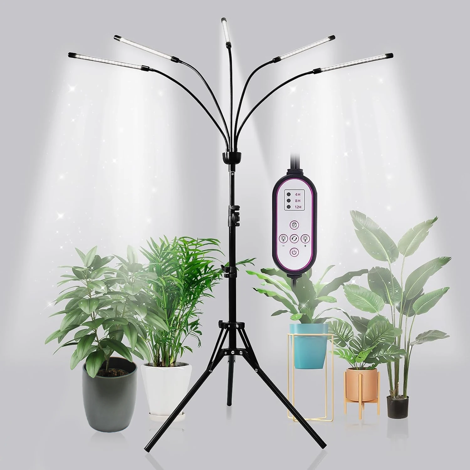 6000K Full Spectrum Five Heads LED Grow Light 5V USB Indoor Plants Dimmable Auto On/Off Timer Tripod Stand Plant Grow Floor Lamp