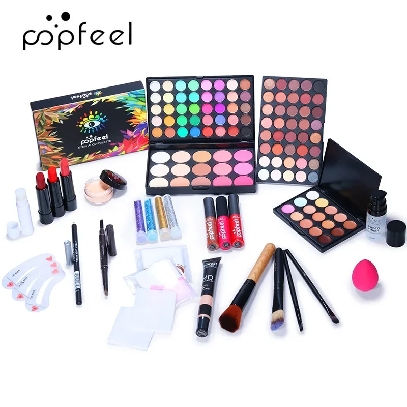 Kit de maquillaje con paleta de sombra de ojos, maquillaje líquido, lápiz labial, esponja, base, corrector, cejas, caja de regalo