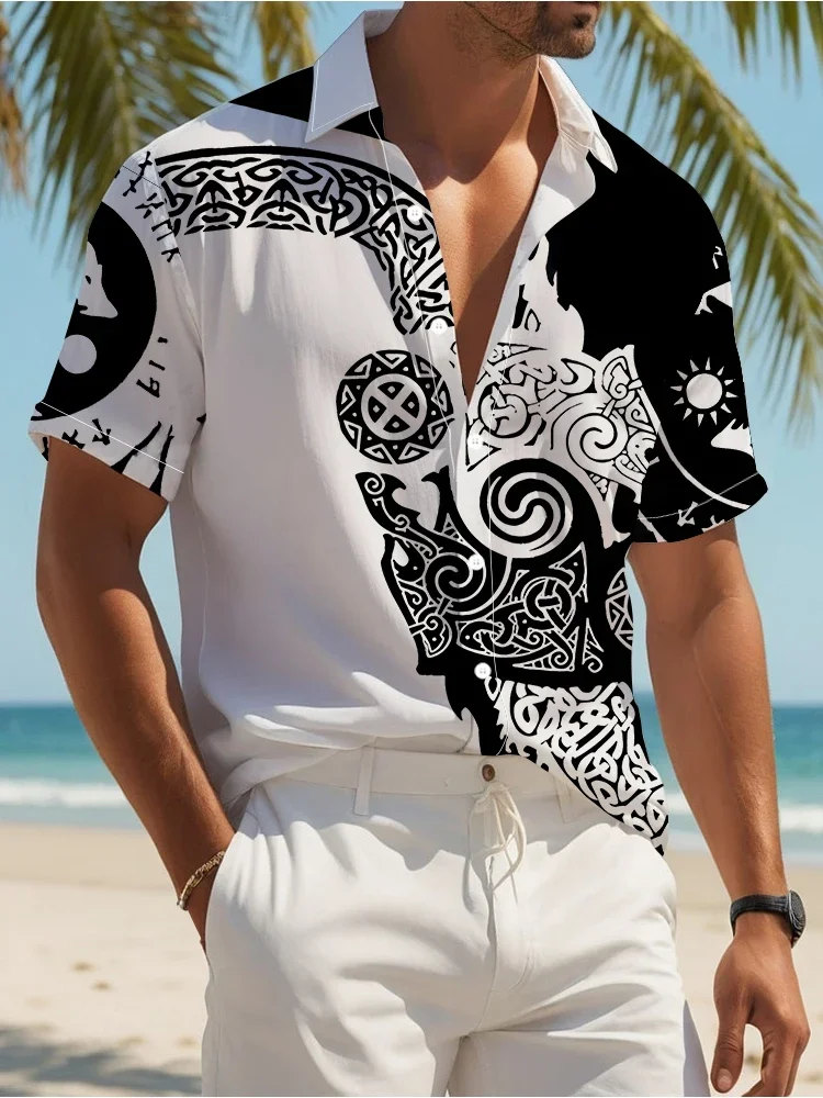 Camisa masculina de impressão digital 3D, manga curta, casual, solta, extragrande, criativa, estilo tribal, chique, moda verão