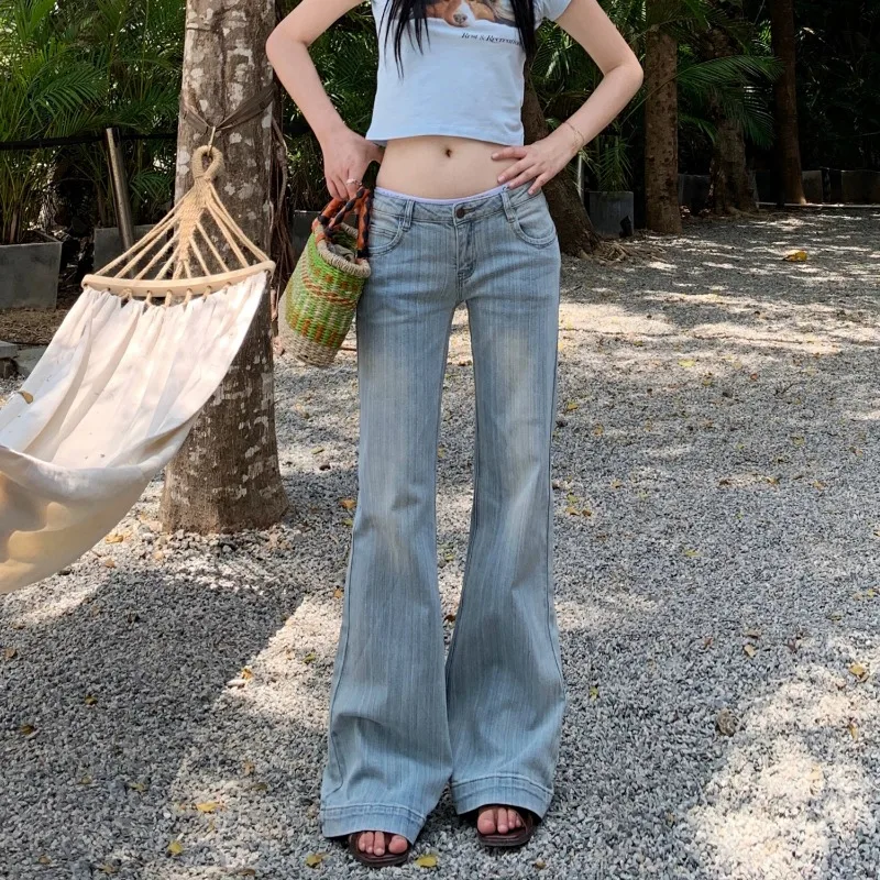Women Light Blue Low Rise Flare Jeans 2026 New Slub Fabric Loose Slim Non Cling Bootcut Denim Trousers Streetwear