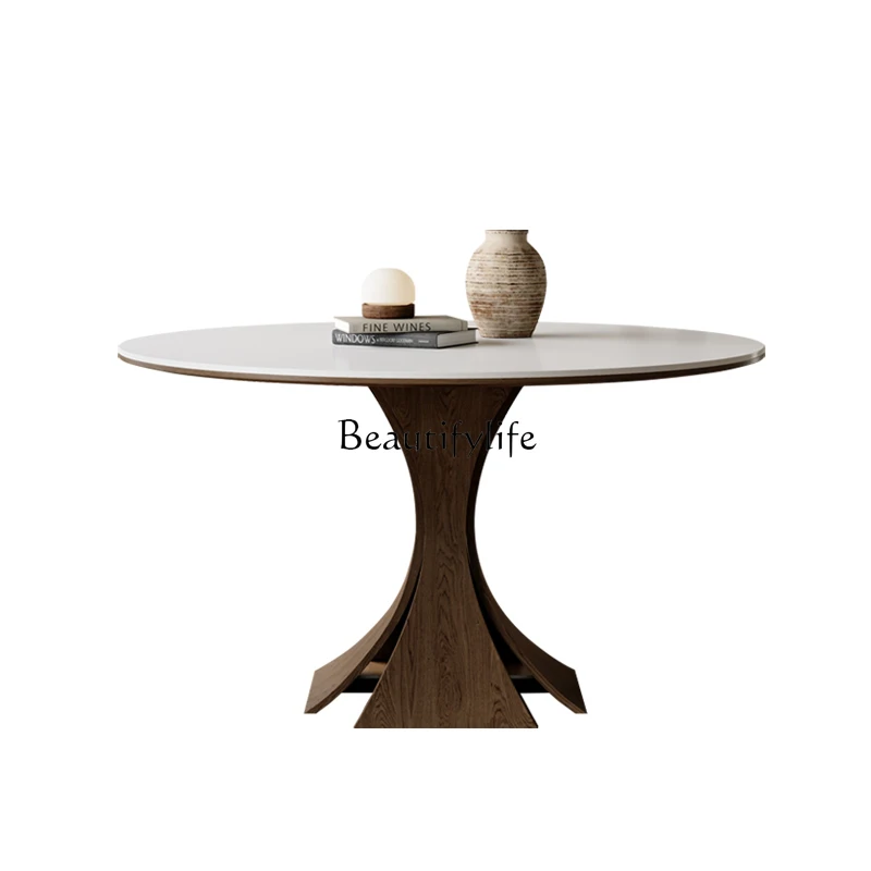 

French retro rock slab dining table round full support pure white medieval travertine rock slab solid wood round dining table