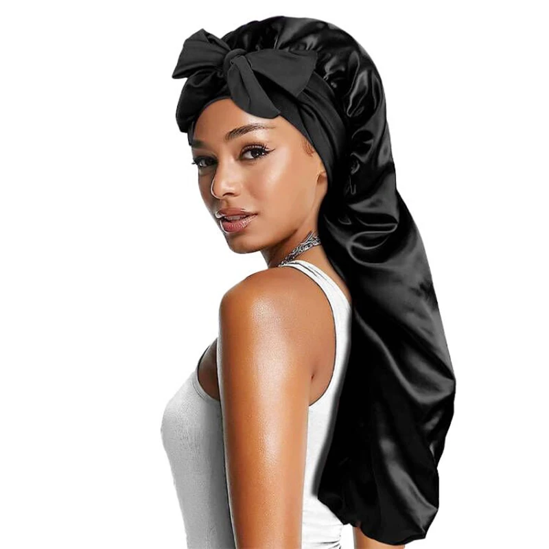 Women Satin Bonnets Adjustable Long Barrel Nightcap Solid Color Bow Lady Sleepcap Dry Hair Shower Hat Beauty And Hair Care Cap image 4