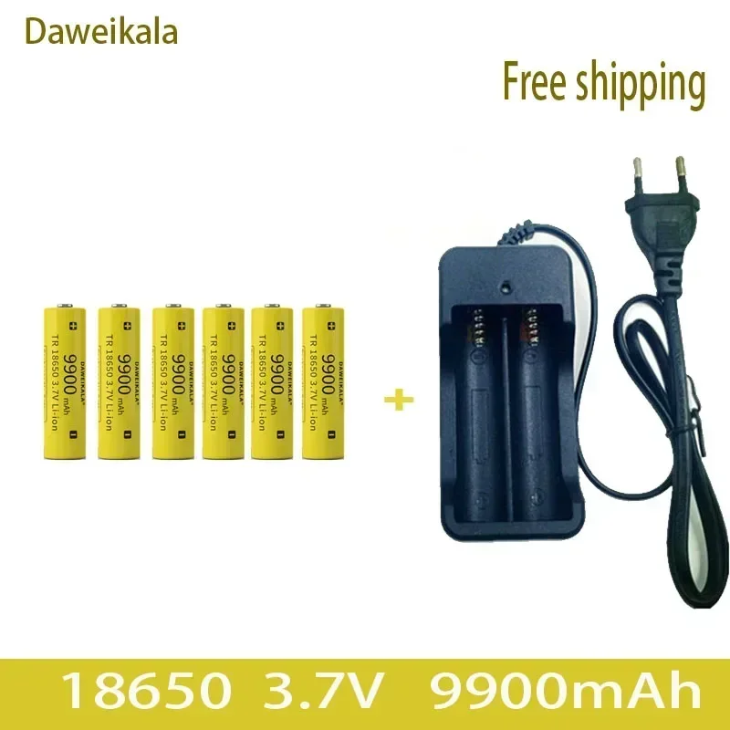 Daweikala senter Lithium Ion 2023 baru, baterai isi ulang + pengisi daya kapasitas 3.7V 18650 9900mAh
