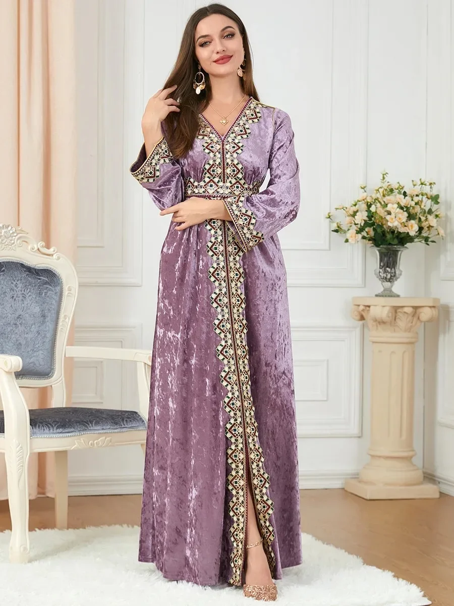 Elegant Velvet Muslim Dress Women Big Swing A-line Maxi Dress Kimono Jubah Long Robe Print Abaya Dresses Islamic Clothing Elbise