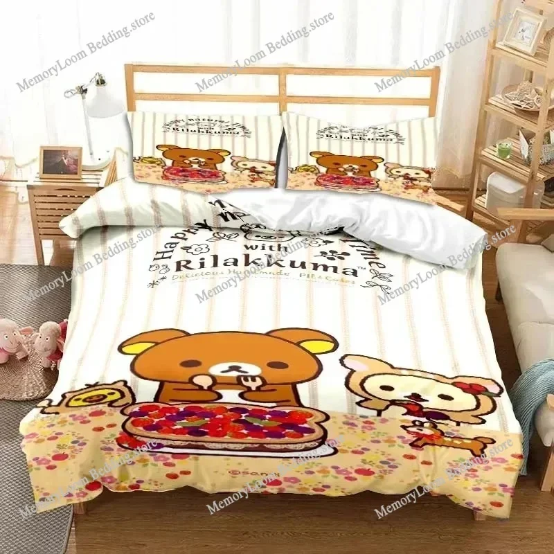 Anime Character Cute Rilakkuma Bear Bedding Set Full/Queen/King Size Duvet Cover Pillowcase Kids Adult Soft Home Textile Set