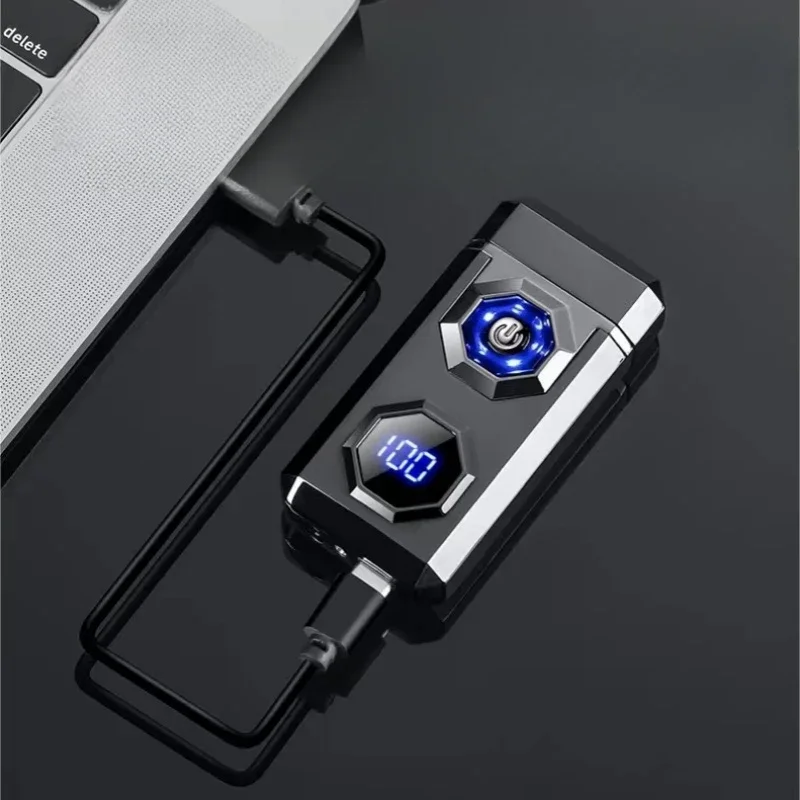 Metal High Power Windproof Arc Charging USB Lighter Outdoor Strong Light Large Capacity Battery Level Display Electric Lighters