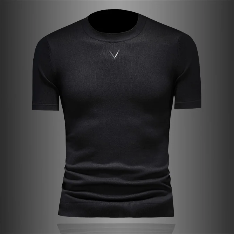 

Мужская модная вязаная шерстяная футболка с коротким рукавом, с вышивкой букв, базовая, стильная, городская, повседневная, прямого кроя, с круглым вырезом