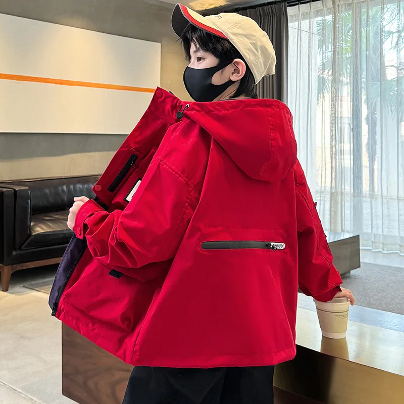 Boys Jacket Spring Autumn New Children Hooded Coat Red Black Clothing Teens Sport Coat Loose Students Outerwear 6 8 10 11 12 Y