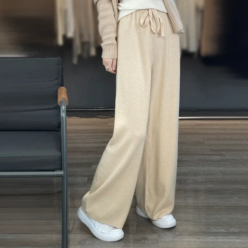 

2023 Winter Cashmere Pants Ladies High Waist Wide Leg Pants Female Casual Knitted Trousers 100% Pure Wool Loose Women's Pants