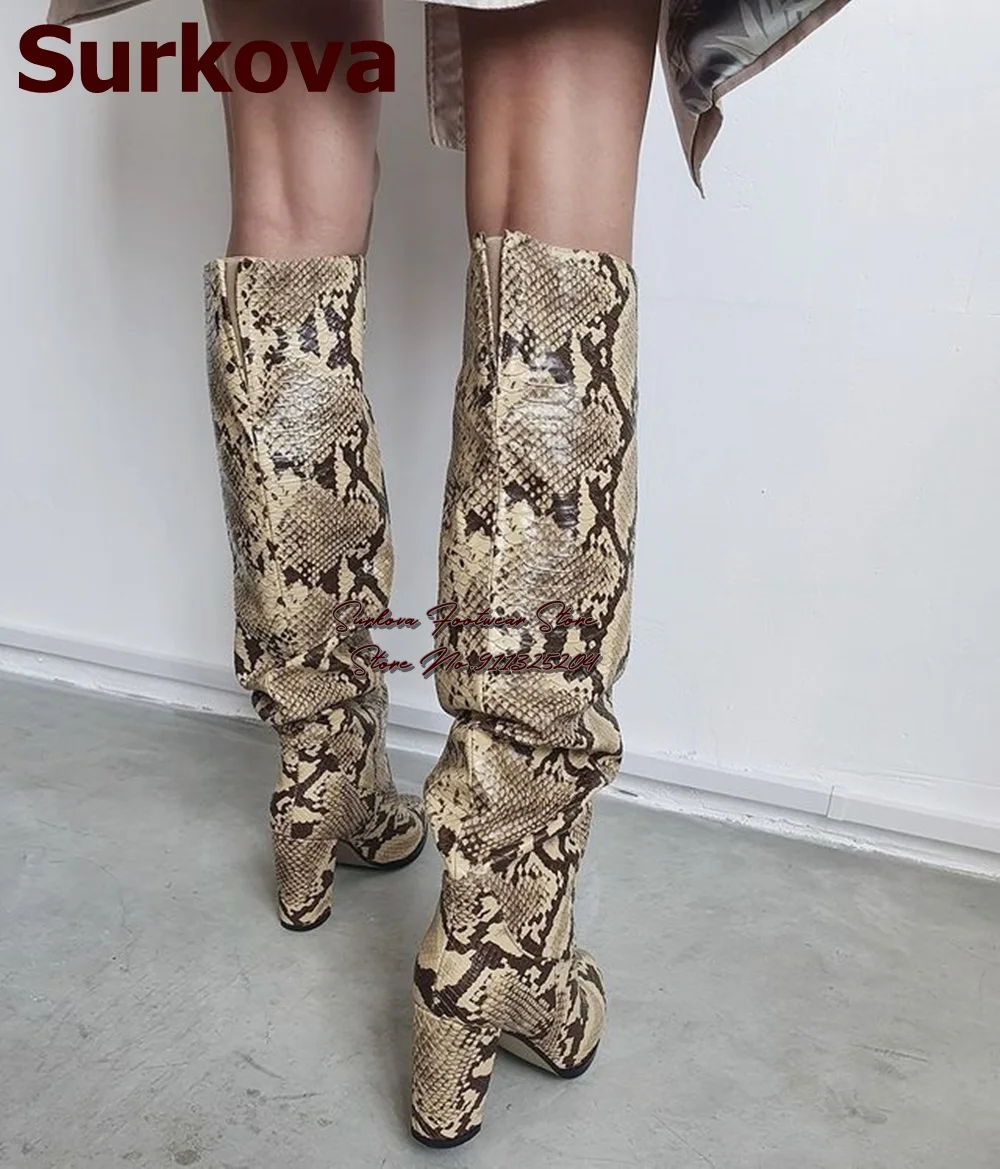 Surkova Sexy Beige Snakeskin Chunky Heel Knee Boots Lady Python Printed Elastic Band Tall Boots Fall Winter Folded Dress Shoes