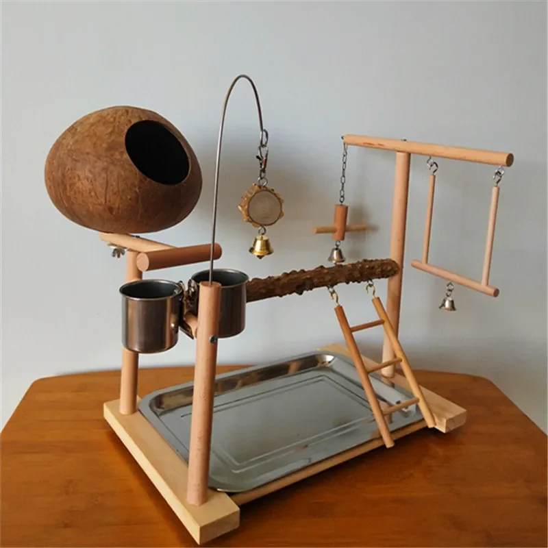 Columpio de juguete de nido de pájaro de cáscara de coco de jaula de poste de madera de pimienta de pie