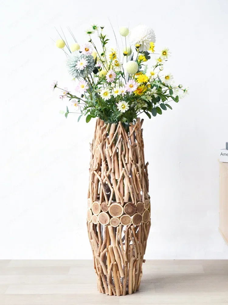 Creative Wooden Floor Large Vase Decoration Living Room Floral Arrangement Nordic Simple Dried Flower Glass Vase Decoration