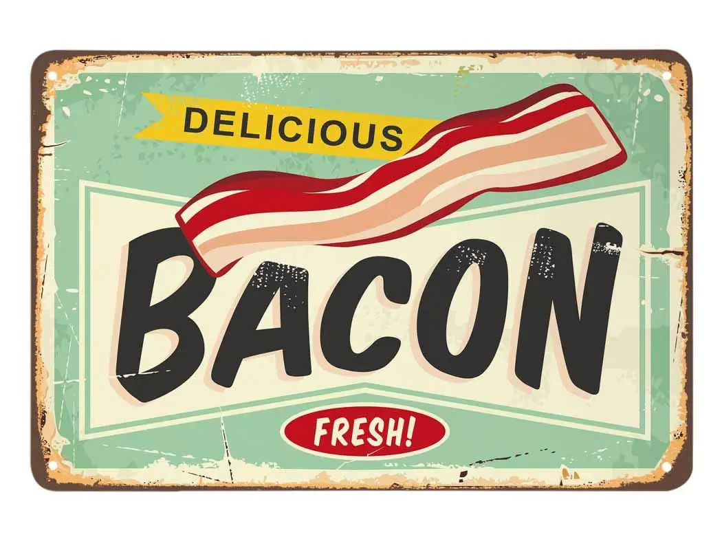 AOYEGO Bacon Tin Sign,Delicious Food Meat Vintage Metal Tin Signs for Cafes Bars Pubs Shop Wall Decorative Funny Retro Signs for