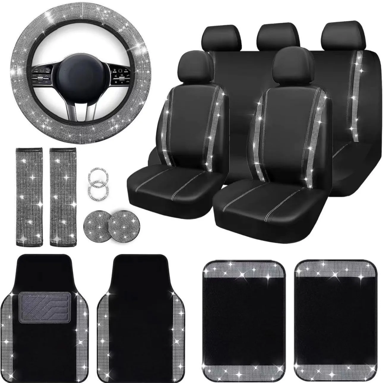 

20 PCS Bling Car Accessories Set for Women, Leather Car Seat Covers Full Set Rhinestone15'' Steering Wheel Covers Diamond Sets