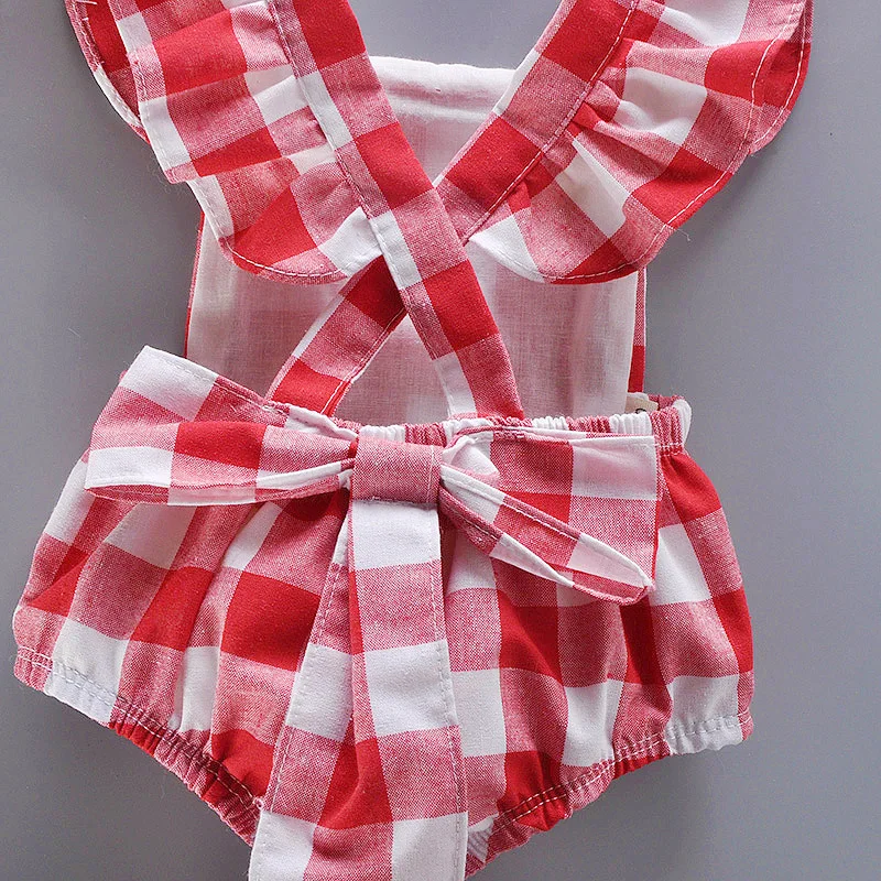 Newborn Summer Comfortable Crawling Clothes With Red Checkered Flying Sleeves  Big Bow Wrapped Bottom Coat Suitable For 0-2 Year