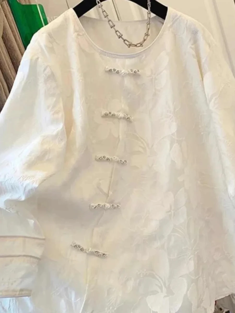 

Женская повседневная свободная рубашка больших размеров в китайском национальном стиле, весенне-осенняя, с длинным рукавом, на пуговицах, для фигуры типа «груша»