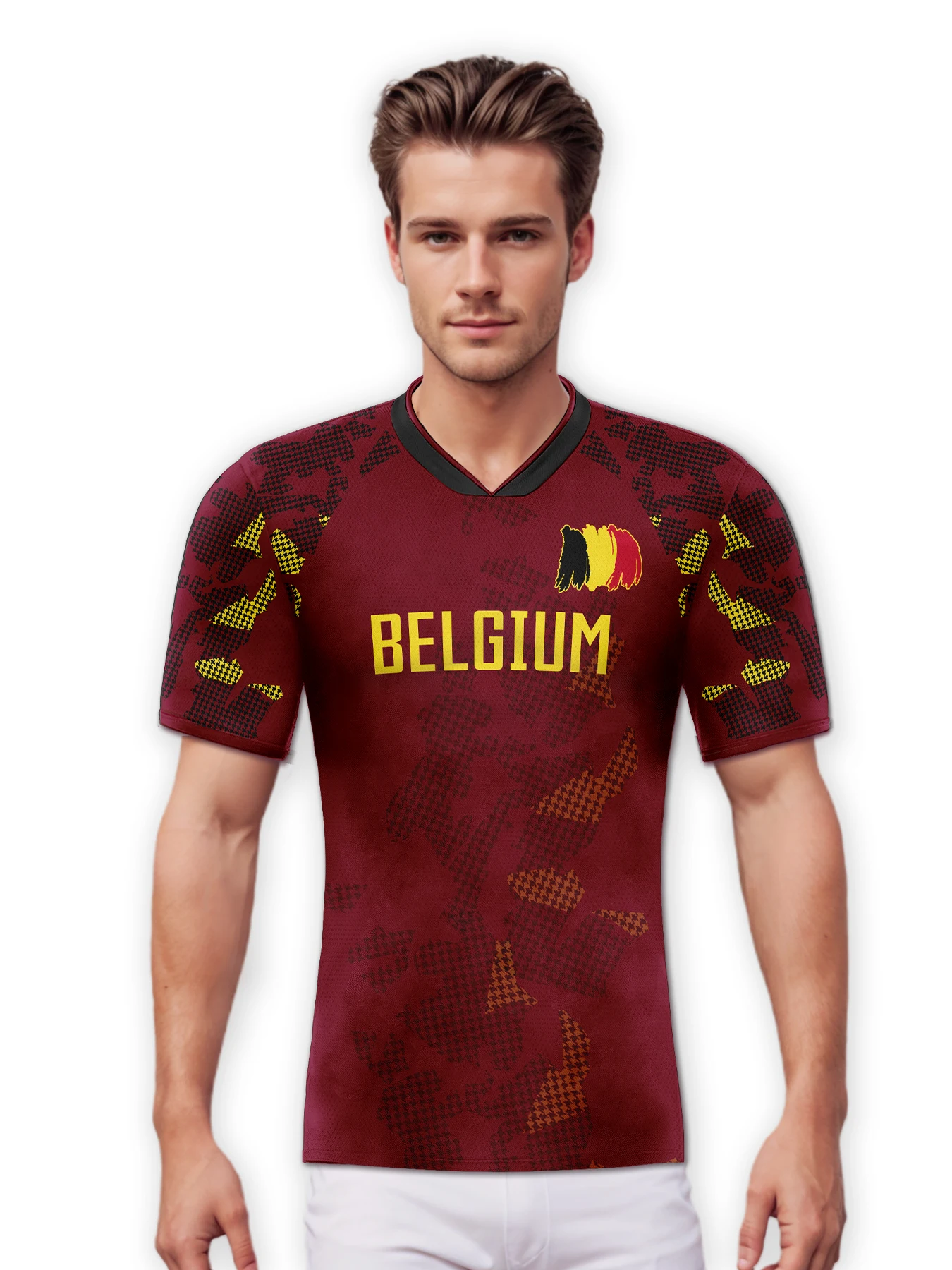 Custom Belgium Soccer Jersey Personalized Name Number, National Team Football Shirt V-Neck Flag Design for Men Kids Women