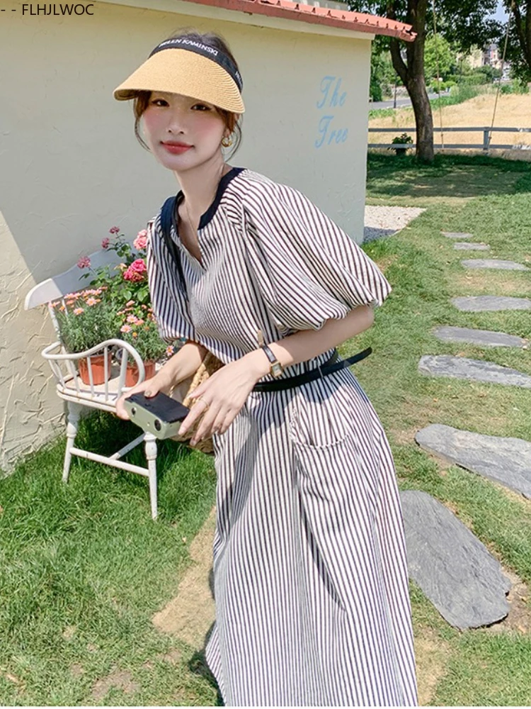 ชุดเดรสหลวมใหม่แฟชั่นผู้หญิงกระเป๋า Retro ฤดูร้อนพัฟแขนสั้นสบายๆสีดําลายเสื้อชุดกับเข็มขัด