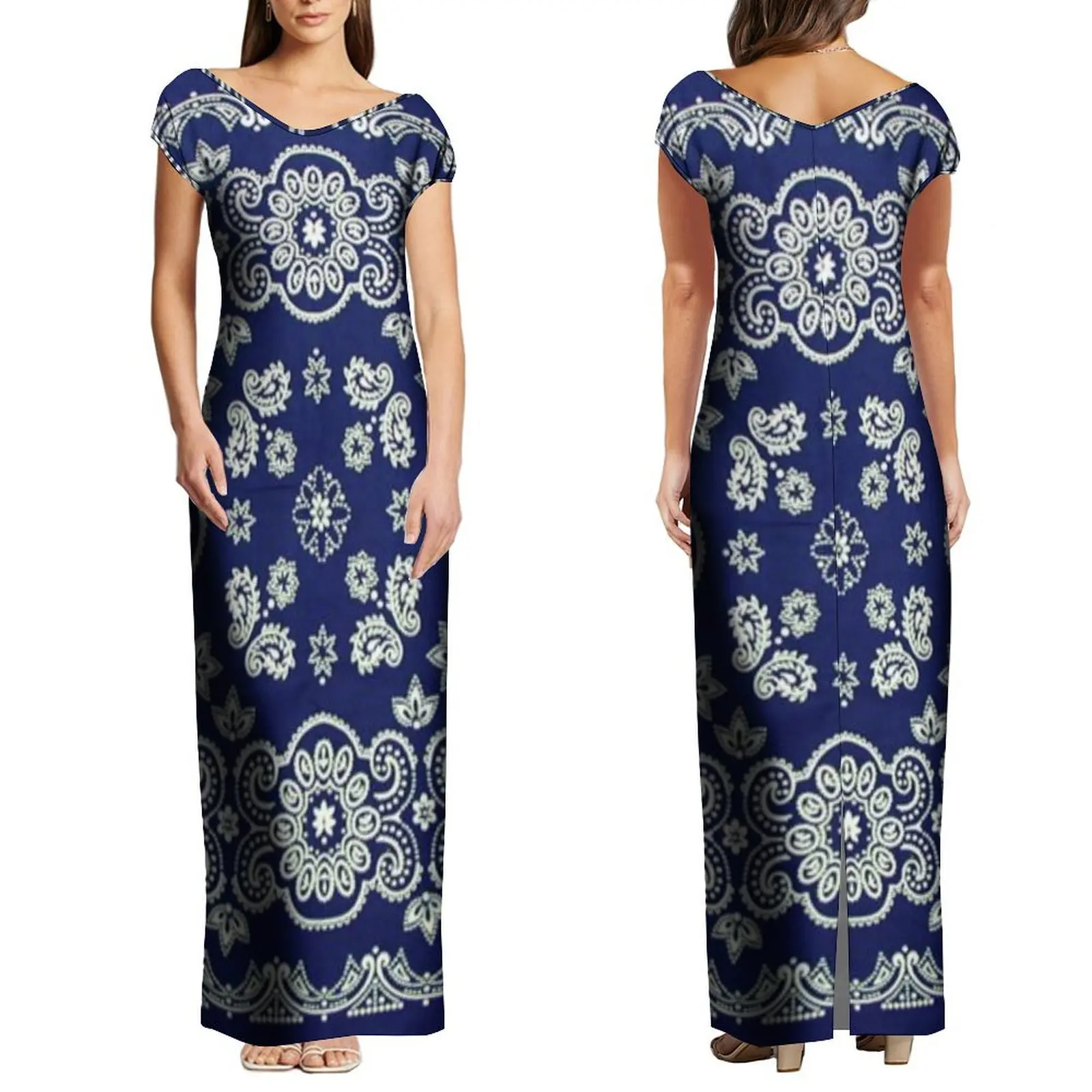 Belastingvrij nieuw ontwerp op maat grote maat bandana print jurk dames elegante grote v-hals off-shoulder split lange maxi-jurk