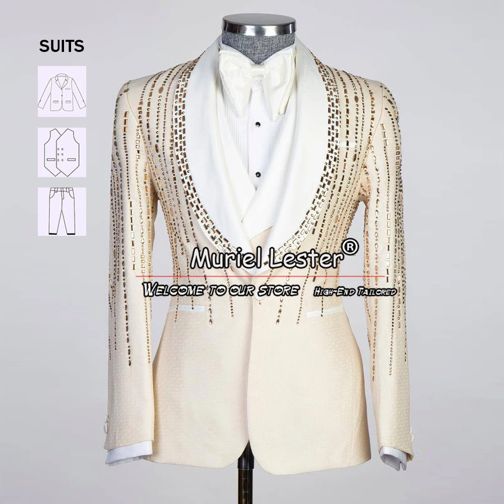 

Elegant Wedding Suits For Men Slim Fit Beaded Blazer Formal Groom Wear 3 Pieces Jacket Vest Pants Male Fashion Banquet Dress