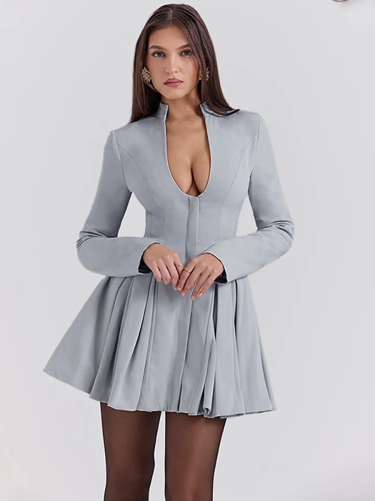 JULISSA MO Sexy Deep V-neck Ruched Women Dress Gray Long Sleeve A-line Dress Female Autumn Slim Elegant Party Clubwear Vestidos