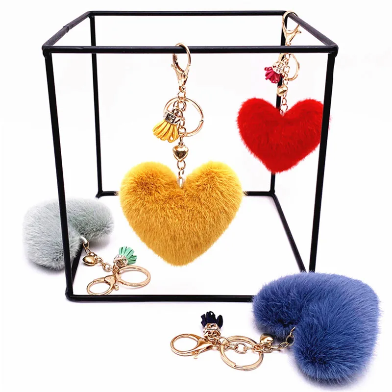 New Heart Plush Hair Ball Keychain Women Leopard Pompom Love Car Key Chain Bags Pendant Hairball Key Rings Jewelry