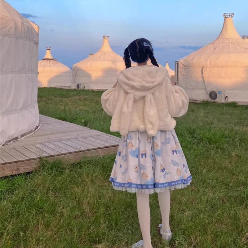 Japanese Style Sweet Lolita Long Faux Fur Autumn Winter Women's Warm Thickened Loose Slim Cute Rabbit Ears Hooded Fur Coats