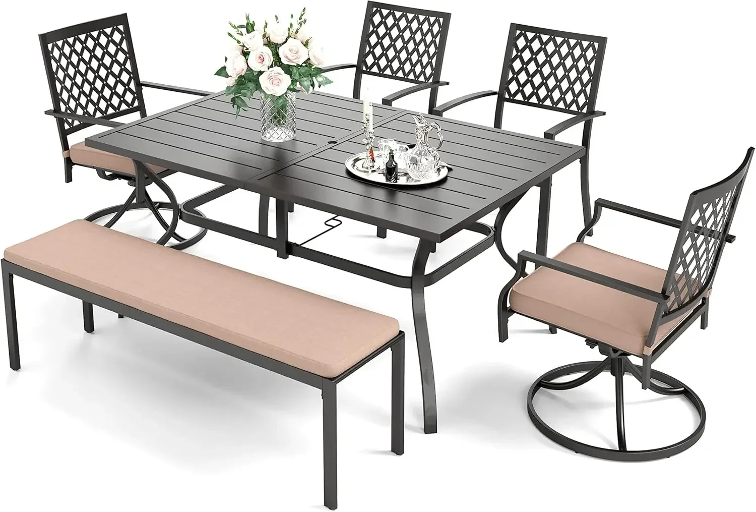 

6 Pieces Patio Dining Set, 2 x Cushioned Swivel Chair, Umbrella Hole, Outdoor Funiture Set for Deck, Garden, Backyard