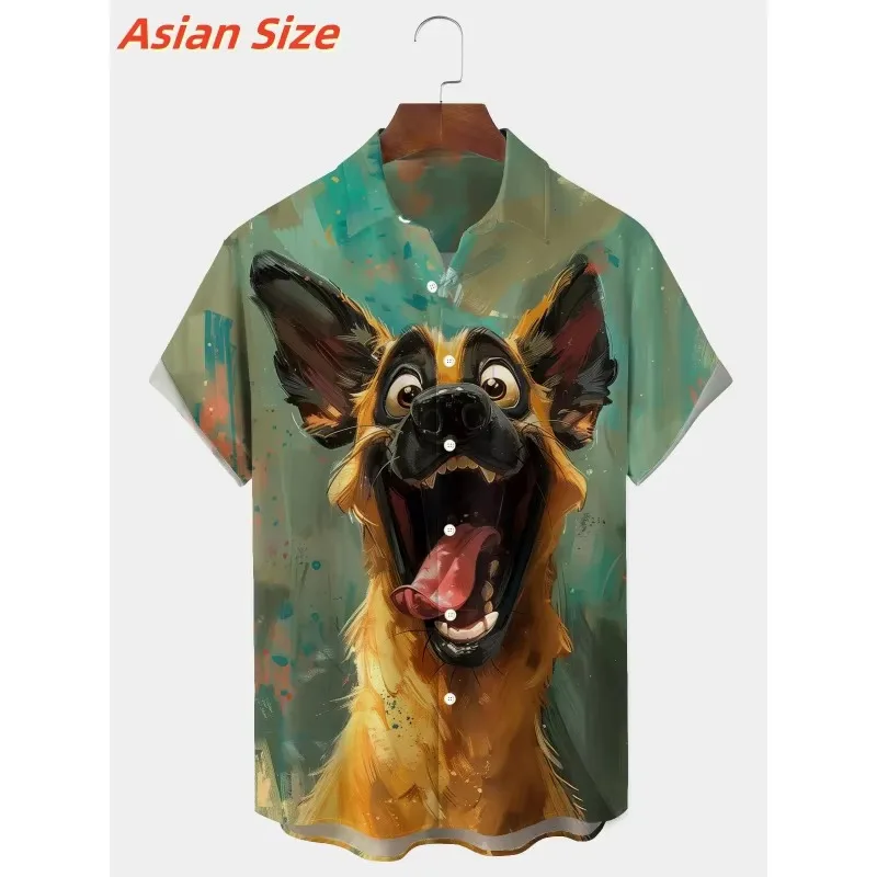Chicken Cow Dog Pattern Lapel Shirt For Men Fun Animal 3D Print Hawaiian Shirts Fashion Short Sleeve Tops Harajuku Button Blouse