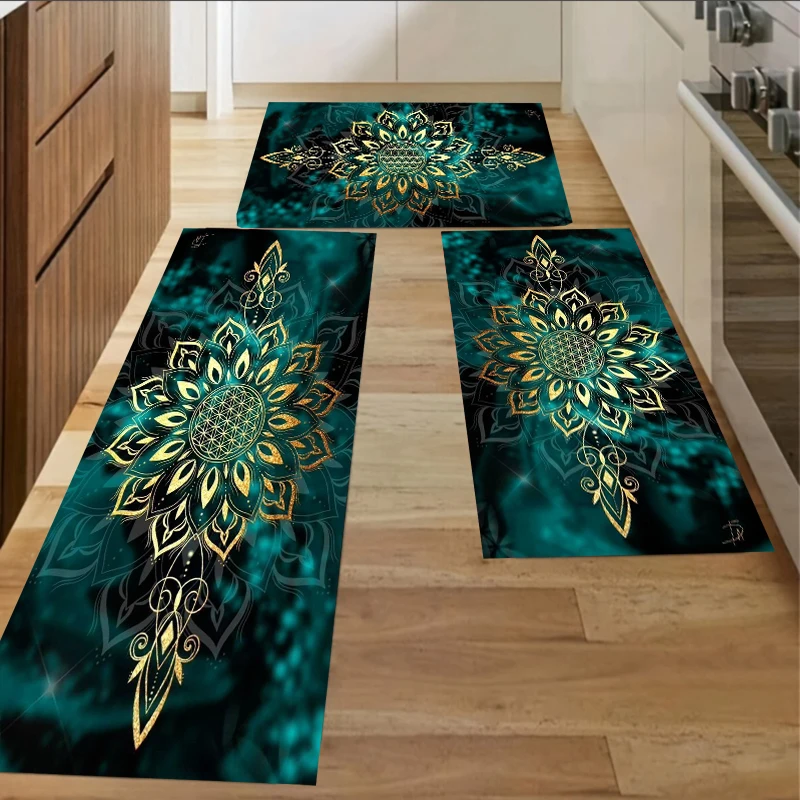 

Набор кухонных ковриков Emerald Mandala - Роскошный коврик-дорожка с золотым и бирюзовым принтом, нескользящий, маслоотталкивающий, для кухни, прихожей и декора в стиле бохо