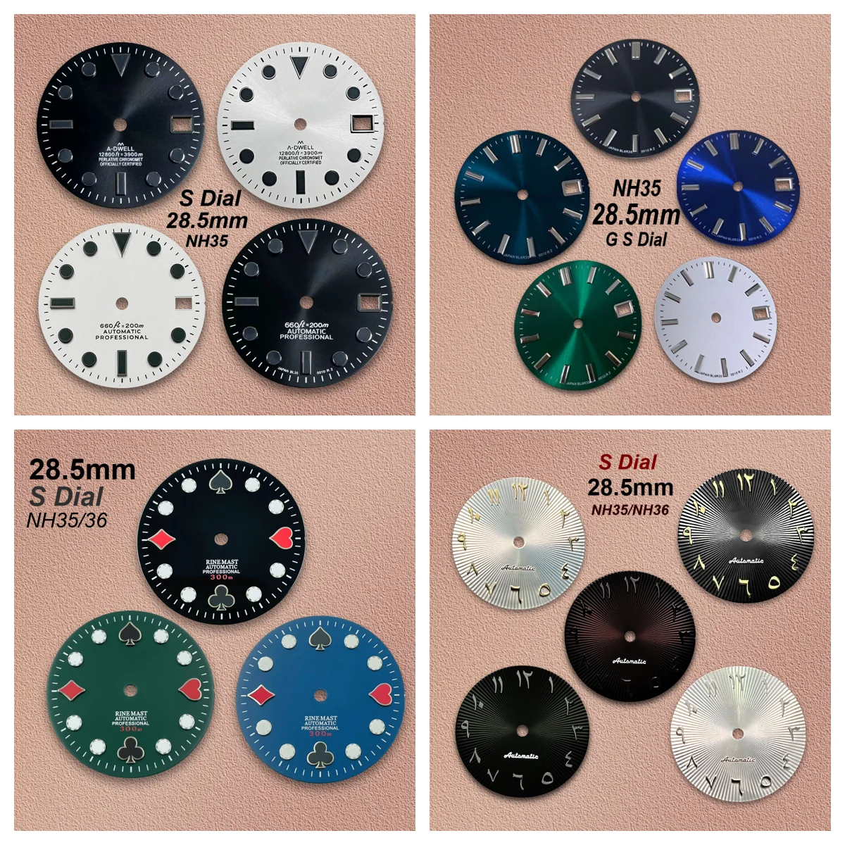 

28,5 мм S/GS логотип покер/дайвинг циферблат подходит для NH35/NH36/4R36 механизм зеленый/без светящегося качества аксессуары для модификации арабских часов