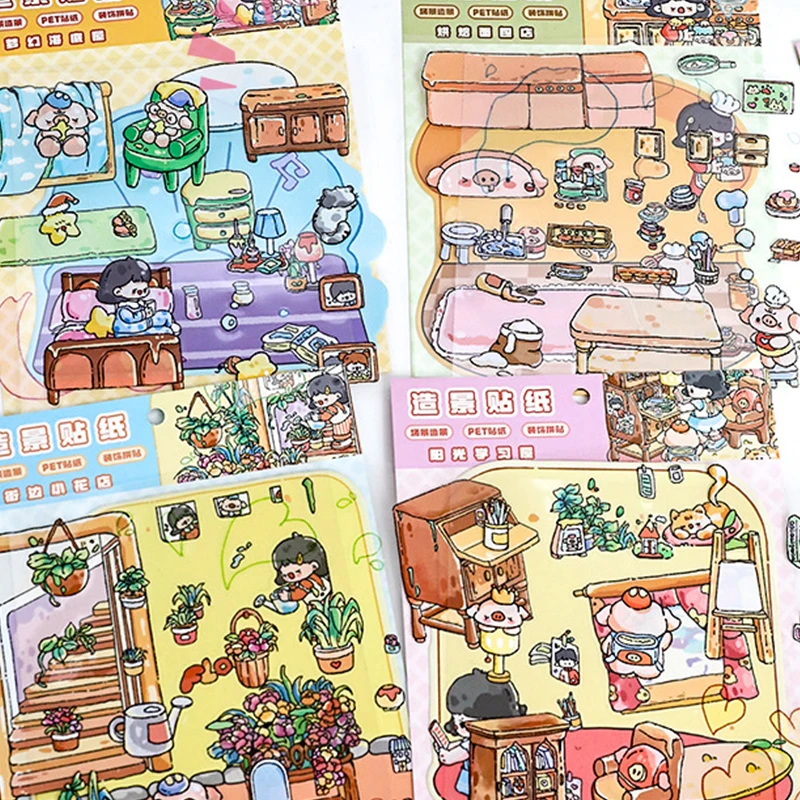 4Set Cute Cartoon 3D Sticker Diy Miniature Scene Landscaping Stickers Stacking Pasting Stickers Hand Account Stickers Gifts