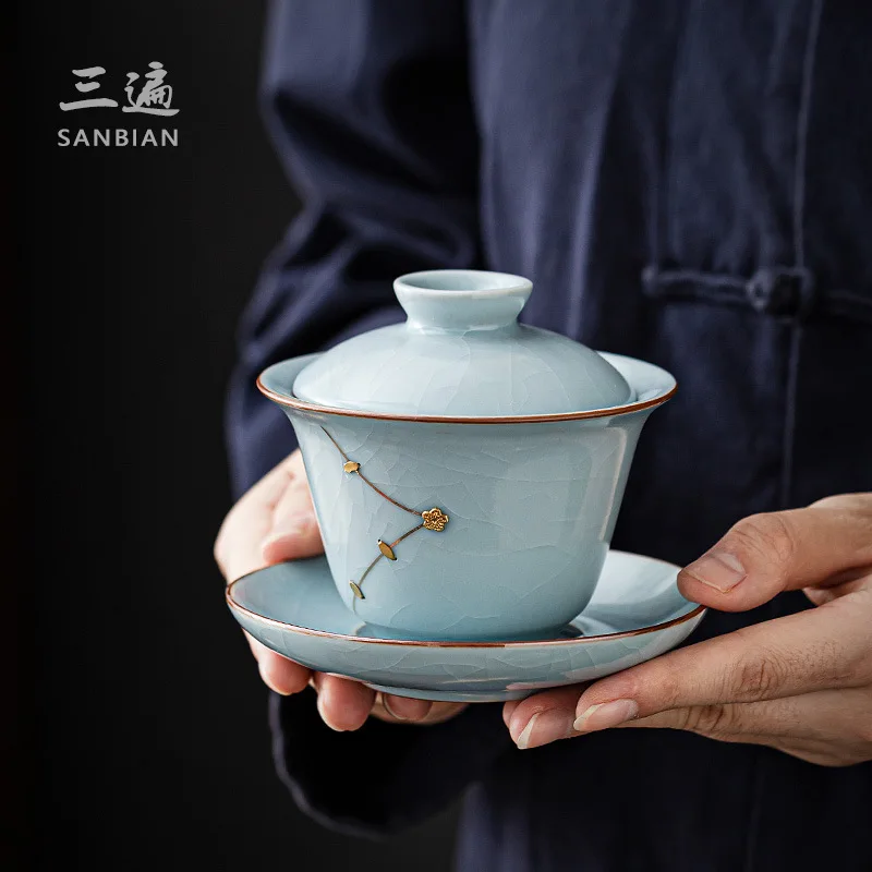 

★★Jingdezhen Nail Ru Ware Porcelain Opening Film Porcelain Tea Set Sancai Gaiwan Tea Cup Tea Brewing Bowl Single