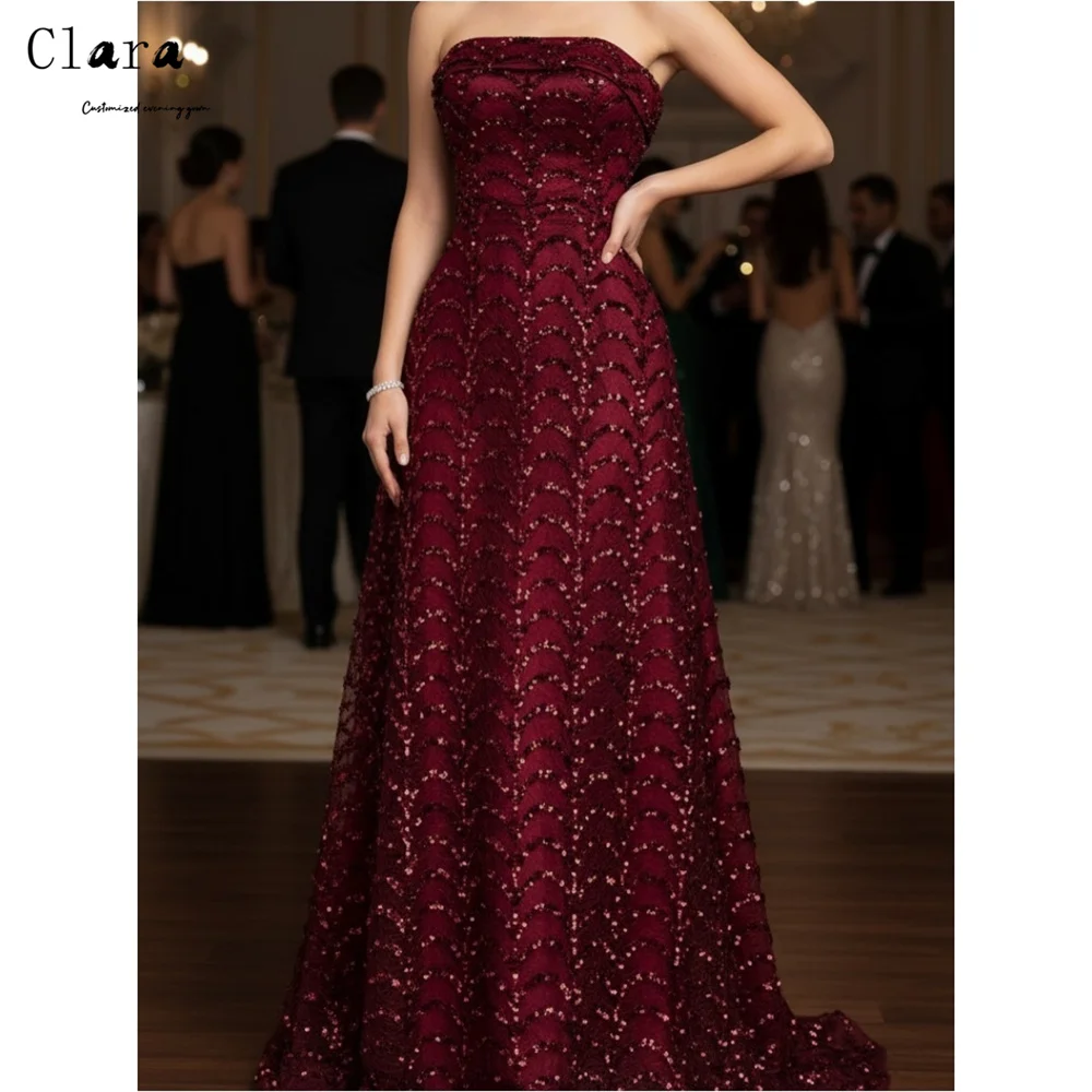 

Clara Custom Wine Red Tube Top Shiny A Line Evening Dresses Wedding Guest Dresses Luxury 2025 for Party Formal & Evening Gowns