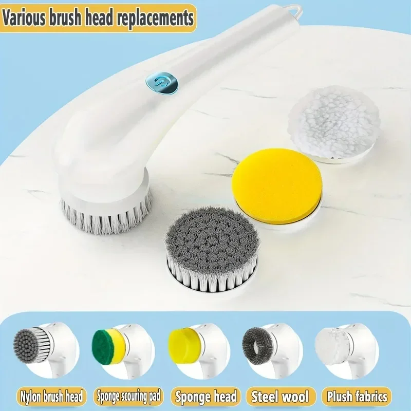 5-in-1 USB Rechargeable Cordless Electric Spin Scrubber with 5 Replaceable Brush Heads Cleaning Brush for Bathroom and Kitchen