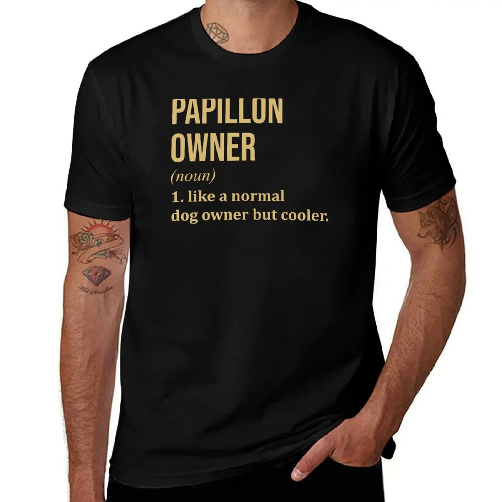 

Papillon Dog Owner Definition in Gold T-Shirt man t shirt designer t shirts for man graphic vintage t shirts with prints T-Shirt