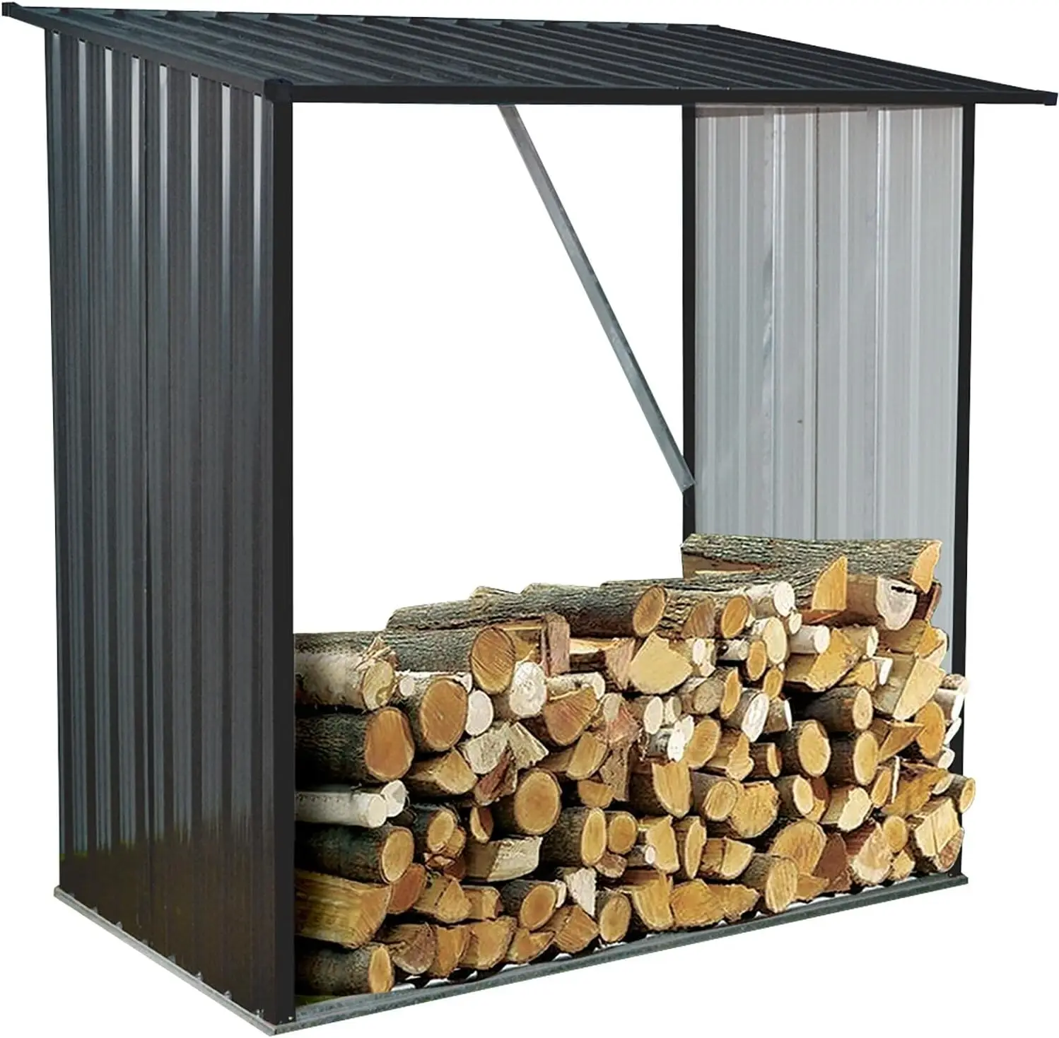 Indoor or Outdoor Steel Firewood Rack, Weather Resistant Open Wood Shed with Sloped Roof for Firewood, Pellet, or Lumber Storage