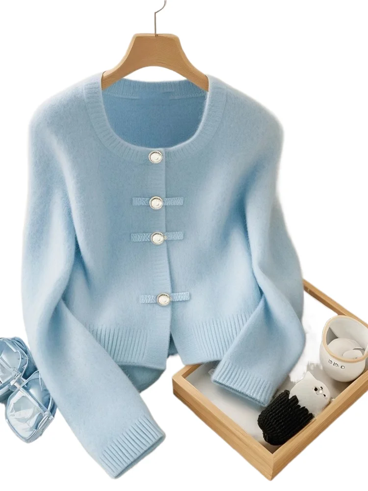 

Chinese Style Blue Knit Cardigan Sweater Women Retro Single Breasted Lazy O-neck Knitwears Autumn Winter Korean Top